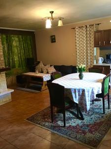 a living room with a table and a couch at DOMEK LETNISKOWY NA MAZURACH in Wydminy