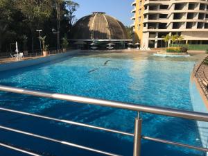 a swimming pool with dolphins in the water in front of a building at Belíssimo resort com casa com banheiras água termal in Santo Amaro da Imperatriz