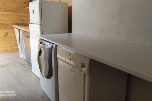 a kitchen with a white refrigerator and a washing machine at Gîte château d'Espalungue, piscine et SPA in Dognen