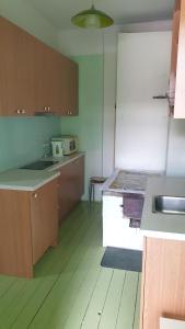 a kitchen with wooden cabinets and a sink and a microwave at Romantisks apartaments ar lapenīti G18 in Līgatne +29 photos