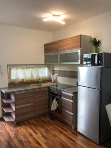 シオーフォクにあるDóra apartmanのキッチン(ステンレス製の冷蔵庫、木製キャビネット付)
