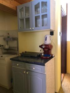 a kitchen with blue cabinets and a blender on a counter at Jesolo Apartmanház in Balatonkeresztúr