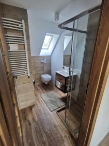 La salle de bains est pourvue de toilettes et d'un lavabo. dans l'établissement Agroturystyka Stajnia Horyzont, à Jarosławiec
