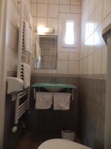 a small bathroom with a sink and a toilet at Logis Hôtel Restaurant Les Cévennes in Saint-Cirgues-en-Montagne +47 photos
