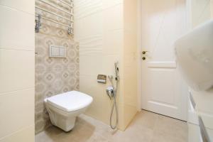 a small bathroom with a toilet and a shower at Просторі апартаменти в центрі Львова in Lviv +20 photos