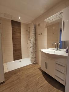 een badkamer met een wastafel, een douche en een bad bij Haus Nothnagl in Spitz