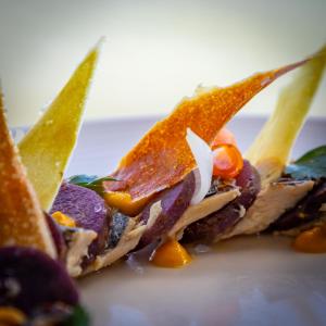 a close up of some food on a plate at Hotel Restaurant Les Venetes in Arradon +43 photos