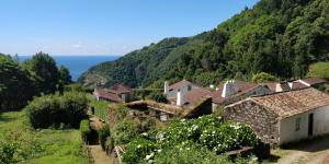 a village on a hill with the ocean in the background at Aldeia do Sanguinho in Faial da Terra