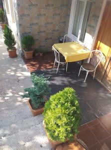 uma mesa amarela e cadeiras num pátio com plantas em Nino Apartement Zugdidi em Zugdidi