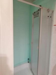 a bathroom with a shower with a glass door at Ferienwohnung Kleine Seite 16 in Görlitz
