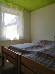 a bedroom with a bed with a striped blanket and a window at Ferienwohnung Kleine Seite 16 in Görlitz