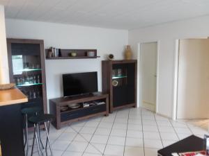 a living room with a television and a table at Ferienhaus Domus in Xanten