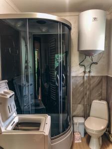 een badkamer met een douche en een toilet bij Апартаменти у Верховині in Verkhovyna