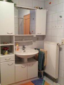 ein Bad mit einem Waschbecken und einem Spiegel in der Unterkunft Ferienwohnung Hörmann in Langdorf