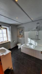 a bathroom with a tub and a toilet and a sink at König Ludwig' das märchenhafte Appartement in Oberammergau