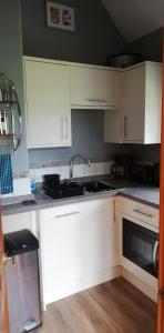 
a kitchen with a stove top oven and a sink at Penmachno Hall - self catering suite in Betws-y-coed
