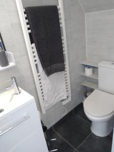 a bathroom with a white toilet and a sink at Un Petit Coin de Vendé in La Flocellière