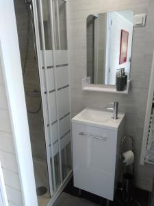 a bathroom with a white sink and a shower at Un Petit Coin de Vendé in La Flocellière