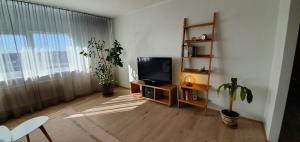 a living room with a flat screen tv on a shelf at Aia apartement in Kuressaare