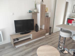 a living room with a flat screen tv on a entertainment center at appartement Anna in Parentis-en-Born