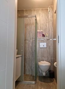 y baño con ducha y aseo. en Usta x Çırak Butik Otel en İzmir