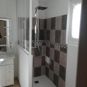 a bathroom with a shower with a checkerboard wall at les mésanges in Chaffaut-Lagremuse