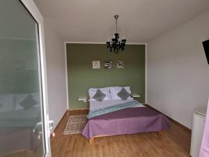 a bedroom with a bed with a purple blanket at Vila Happy House in Costinesti