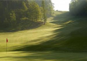 un exuberante campo de golf verde con bandera roja en un campo en Zonnig Appartement Golf van Durbuy en Durbuy