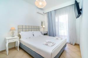 a bedroom with a bed and a tv and a window at Aelia Villa in Limenas