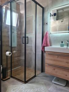 een badkamer met een glazen douche en een wastafel bij Apartman Dalmatia in Duće