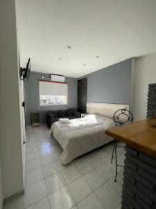 a bedroom with a bed and a desk in it at Apart Bahia in Bahía Blanca +21 photos