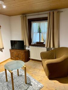 ein Wohnzimmer mit einem Sofa und einem TV in der Unterkunft Apart Larcher in Arzl im Pitztal
