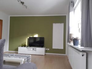 a living room with a tv on a green wall at Apartement am Waldrand in Bad Wildbad