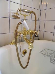 een gouden badkuip met een licht erop bij Penmachno Hall - self catering suite in Betws-y-coed