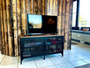 a television sitting on top of a black entertainment center at Gemütliche Ferienwohnungen mit Pool & Sauna in Höchenschwand