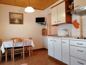 a kitchen with a table and a sink and a counter at Počitniško stanovanje PLANJA in Soča