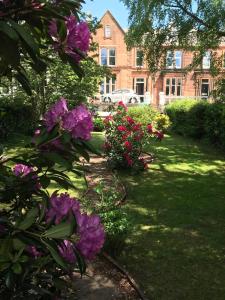 a garden with purple flowers in front of a building at Glenaldor House B&B in Dumfries