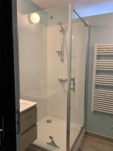 a bathroom with a shower with a glass door at Les Pieds dans l'eau - Locations ISAHORA in Le Tréport