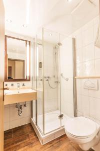 a bathroom with a shower and a toilet and a sink at Hotel Pistono in Dieblich