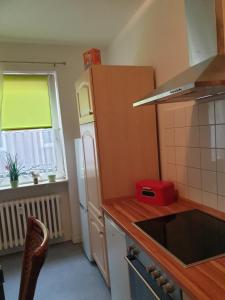 a kitchen with a white refrigerator and a window at Riposo in Emden
