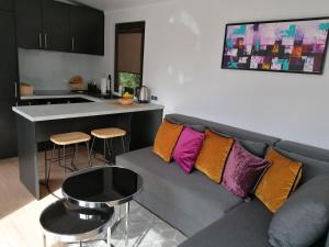 a living room with a gray couch with colorful pillows at Zemzari in Jūrkalne