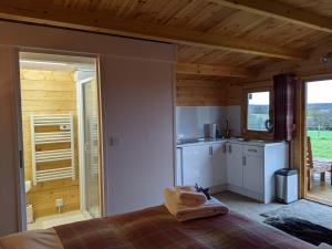 坎特伯雷的住宿－Foxhill Lodges，一间设有厨房和一张位于房子内的床铺的房间