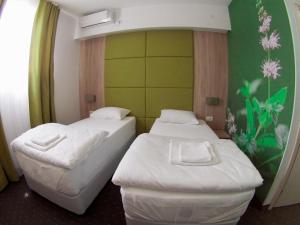 two beds in a room with a green wall at villa pergola in Trebinje