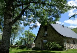 an old stone house with a tree in the foreground at Le petit gite refuge in Aucun