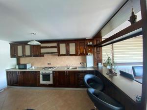 a kitchen with wooden cabinets and a counter top at Casa Maria Dubova in Dubova