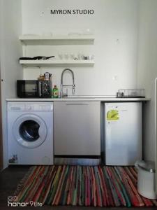 アテネにあるMyron Apartmentsのキッチン(洗濯機、シンク付)