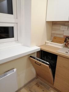 eine kleine Küche mit einem Geschirrspüler und einem Fenster in der Unterkunft Apartament Stanisławskiego in Łowicz