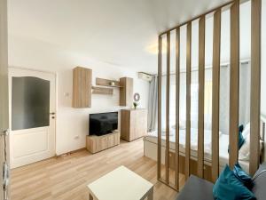 a living room with a bed and a tv at National Arena Studio in Bucharest