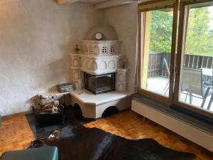 a living room with a fireplace in the corner at Ferienhaus Mummelhaus in Sehmatal