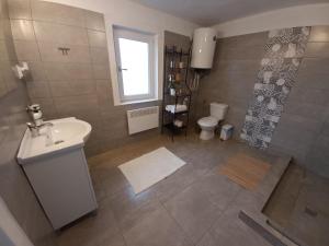 a bathroom with a sink and a toilet and a window at Casa de Vacanta Nora in Oveselu +55 photos